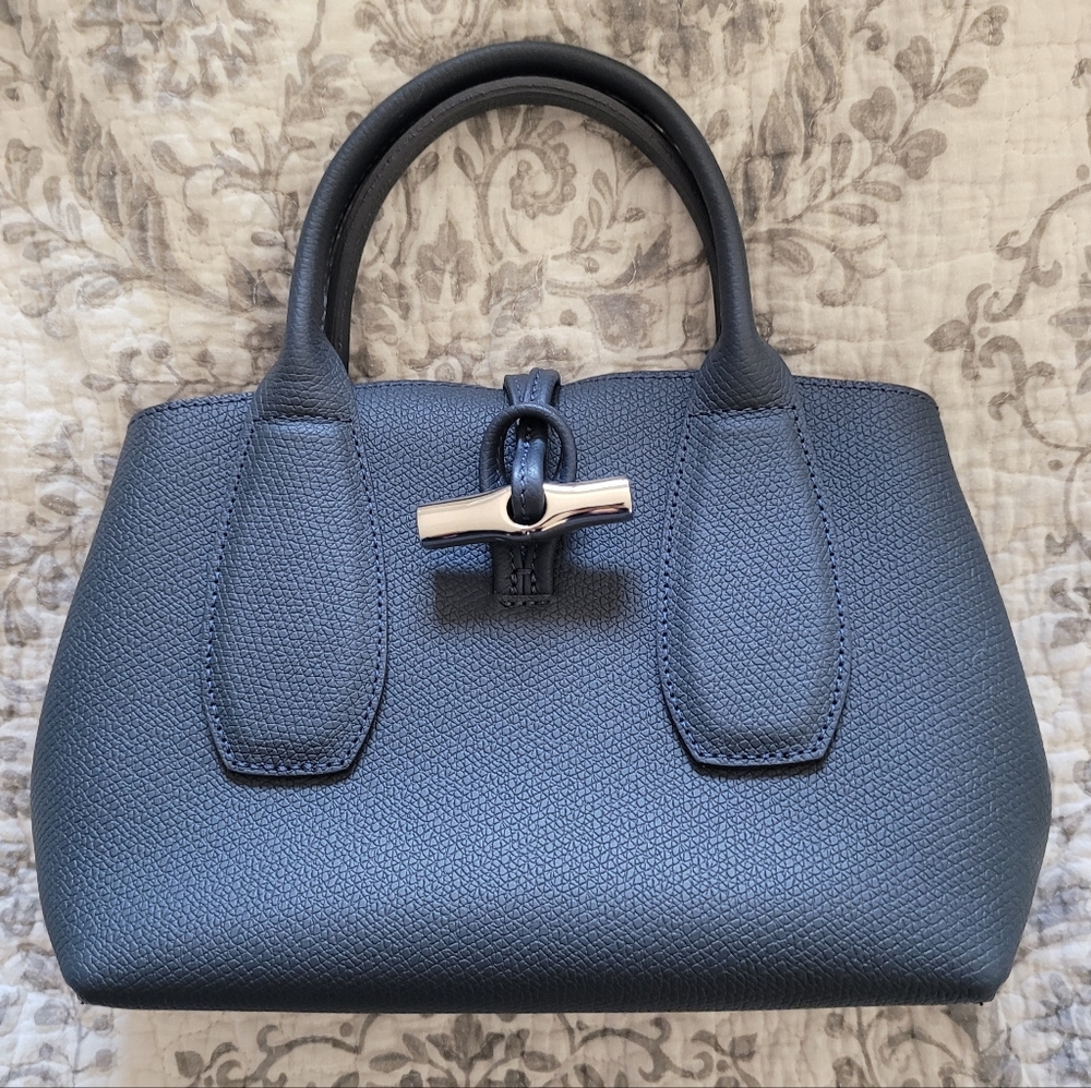 New Authentic Longchamp Small Roseau Leather Crossbody Tote. COLOR: Pilot Blue